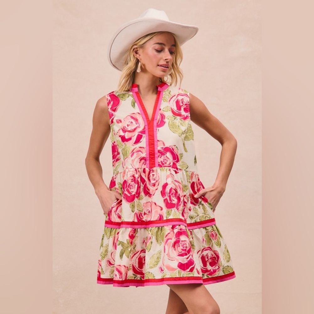 Pink Green rose floral stitched cotton v neck boho bohemian western summer dress - Picture 2 of 8